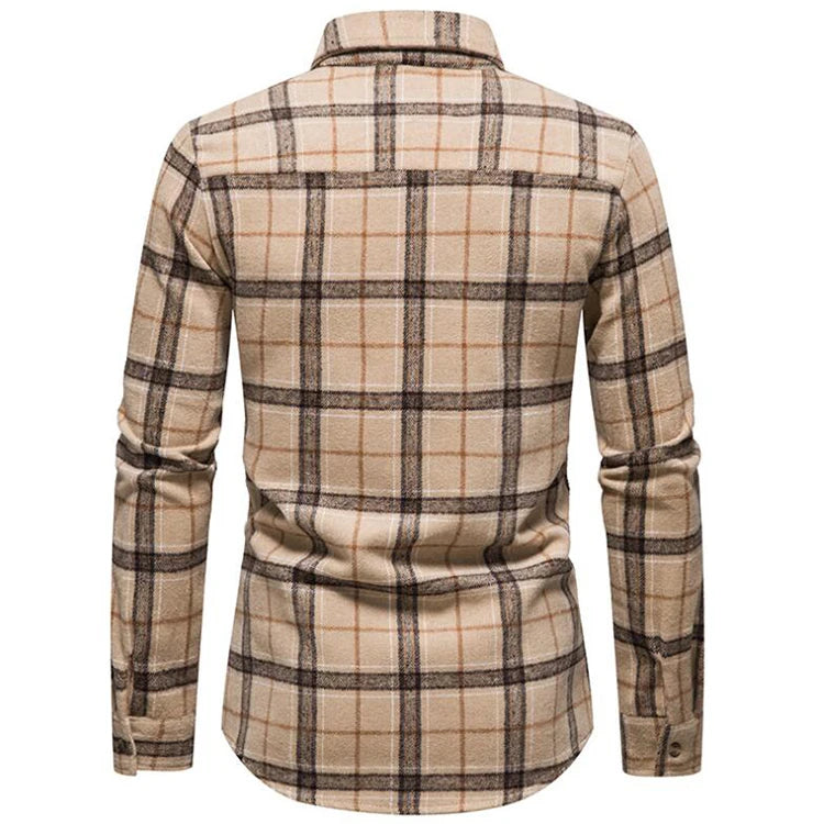 Vintage Mens Plaid Shirts Winter Thick Warm Woolen Flannel Pocket Business Social Cardigan Shirt Homme for Men Clothing