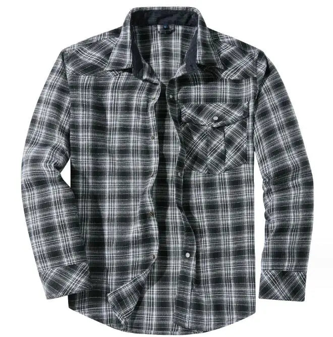 Men's Oversized Plaid Flannel Shirt Retro Pearl Button Western Style