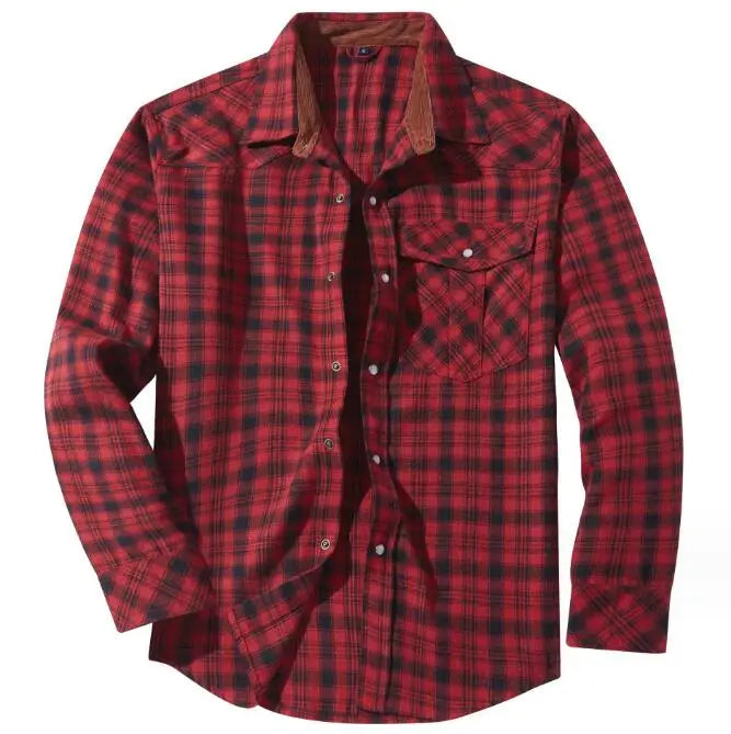 Men's Oversized Plaid Flannel Shirt Retro Pearl Button Western Style