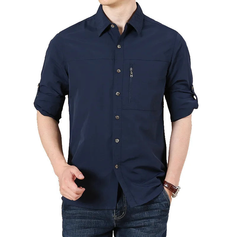 Men Turn-Down Collar Button Casual Men Zipper Pocket Casual Shirt