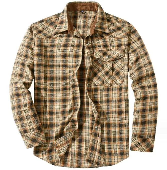 Men's Oversized Plaid Flannel Shirt Retro Pearl Button Western Style