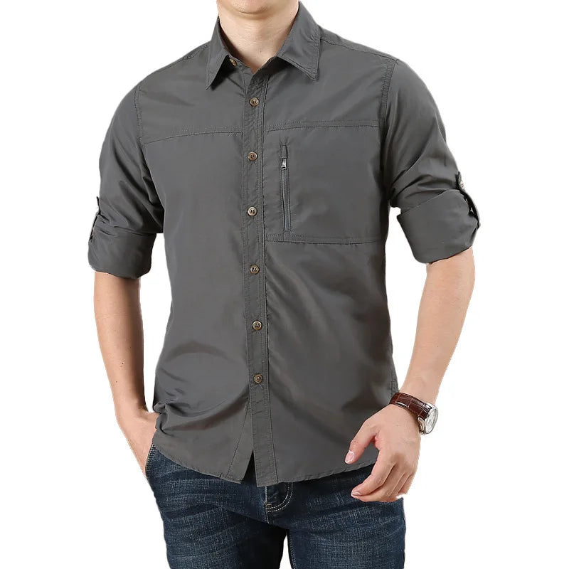 Men Turn-Down Collar Button Casual Men Zipper Pocket Casual Shirt