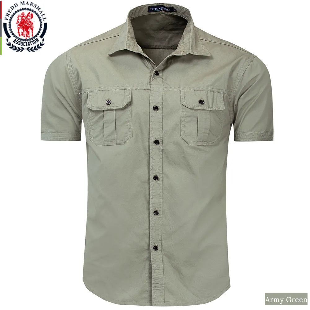 Men Short Sleeve Cargo Shirts 100% Cotton Casual Solid Colors with Pockets