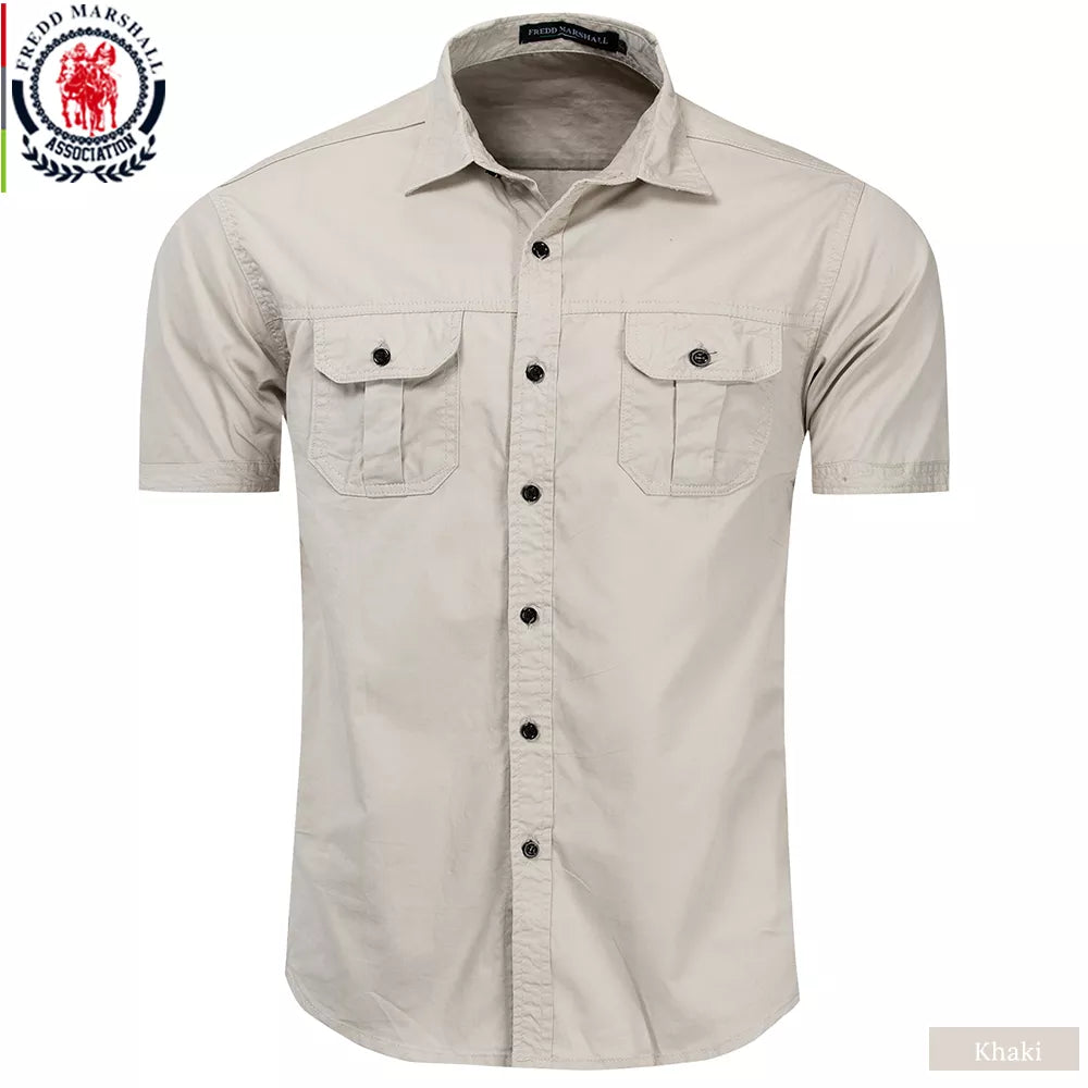 Men Short Sleeve Cargo Shirts 100% Cotton Casual Solid Colors with Pockets
