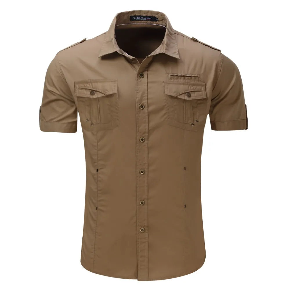Cargo Shirt Casual Solid Short Sleeve Shirts Multi Pocket Work Shirt
