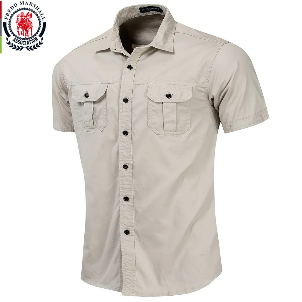 Men Short Sleeve Cargo Shirts 100% Cotton Casual Solid Colors with Pockets