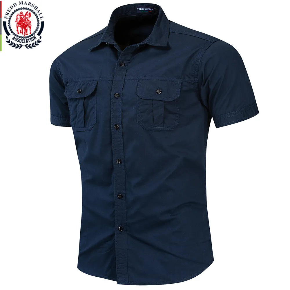 Men Short Sleeve Cargo Shirts 100% Cotton Casual Solid Colors with Pockets