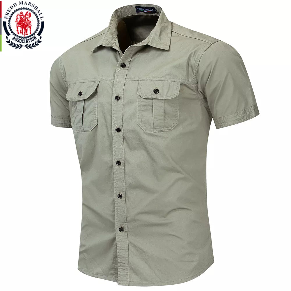 Men Short Sleeve Cargo Shirts 100% Cotton Casual Solid Colors with Pockets