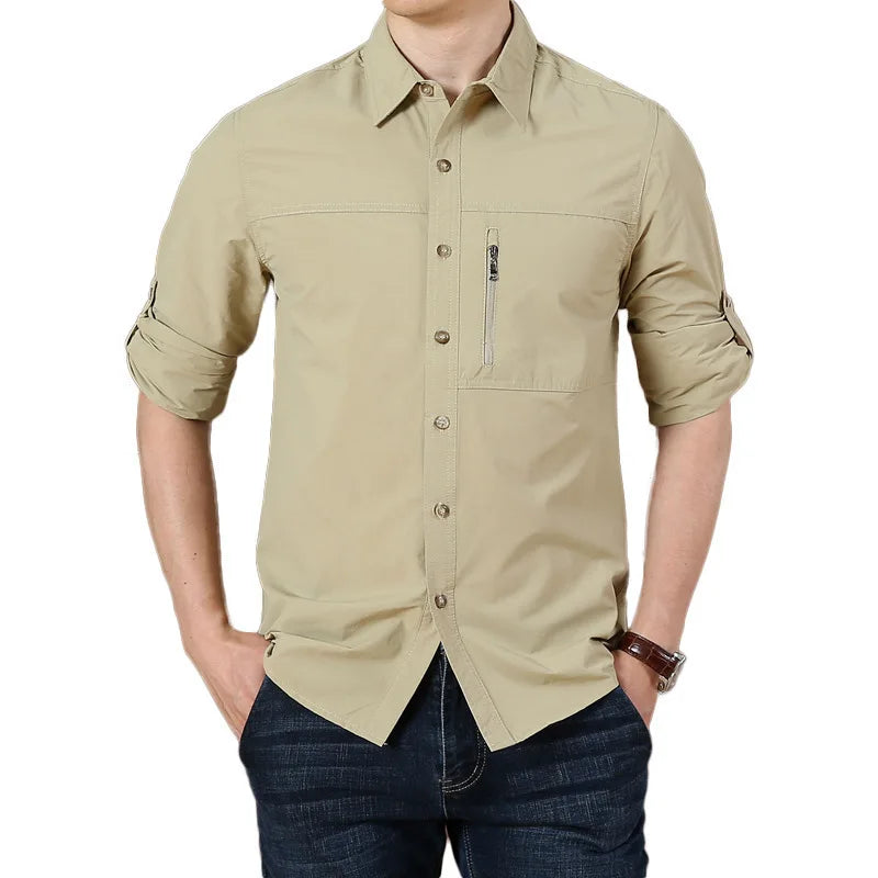 Men Turn-Down Collar Button Casual Men Zipper Pocket Casual Shirt