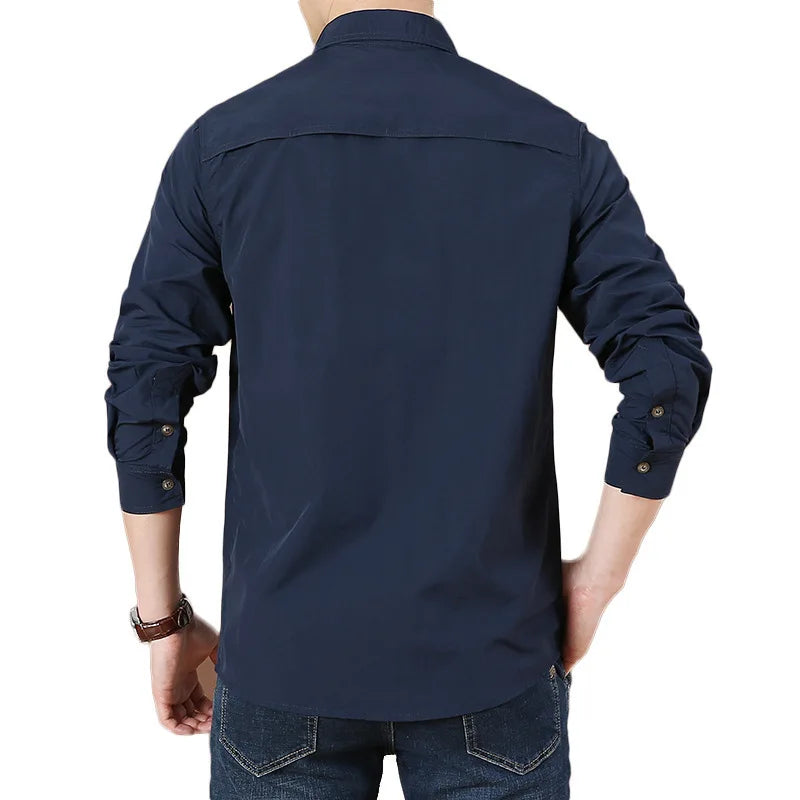 Men Turn-Down Collar Button Casual Men Zipper Pocket Casual Shirt
