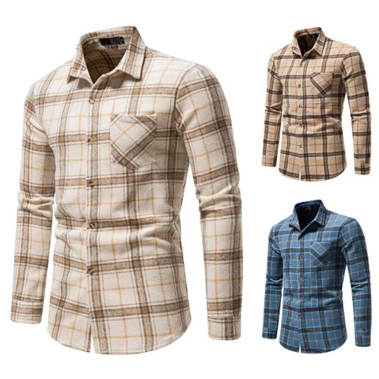 Vintage Mens Plaid Shirts Winter Thick Warm Woolen Flannel Pocket Business Social Cardigan Shirt Homme for Men Clothing