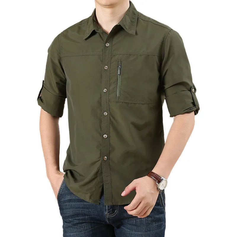 Men Turn-Down Collar Button Casual Men Zipper Pocket Casual Shirt