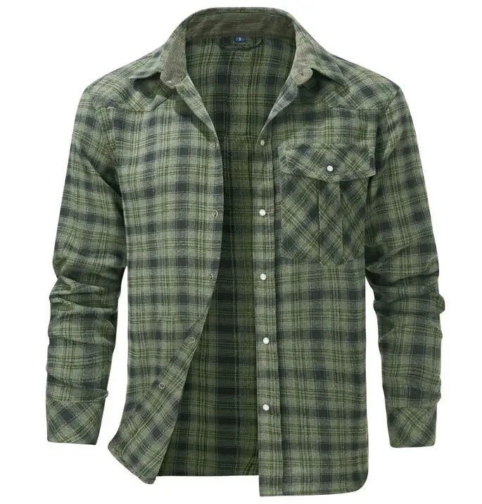 Men's Oversized Plaid Flannel Shirt Retro Pearl Button Western Style