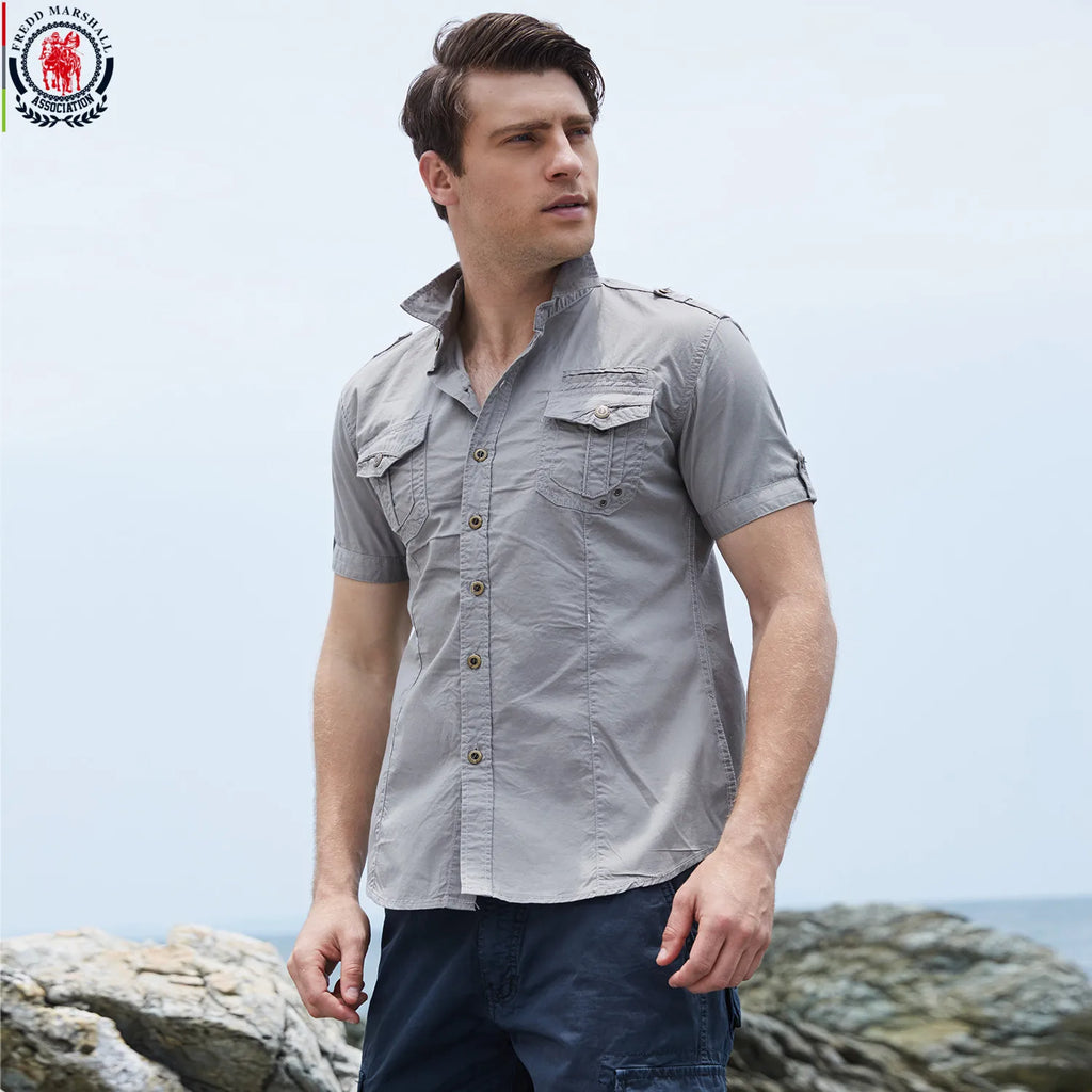 Cargo Shirt Casual Solid Short Sleeve Shirts Multi Pocket Work Shirt